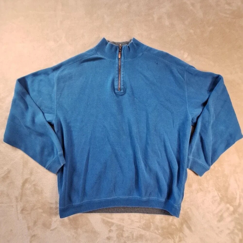 Tommy Bahama Sweater Mens Large Blue 1/4 Zip Mock Neck Reversible Knit Pullover